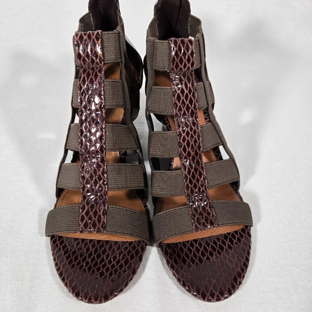 DONALD J PLINER Pira BROWN Watersnake & Stretchy Strappy Ankle Wedge Sandals 8M. - Picture 4 of 17